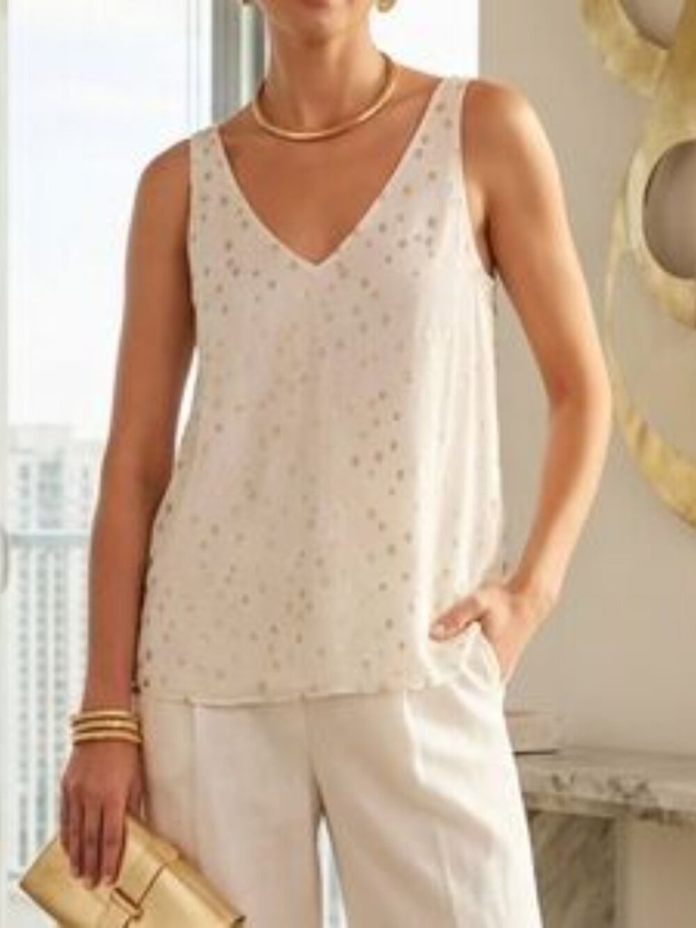 Lilly Pulitzer, Florin Silk Tank Top, Color: Coconut Gold Clip Dot, Size XL
